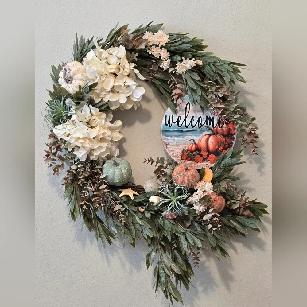 Autumn Coastal Welcome Wreath with Pumpkins, Shells, and Greenery